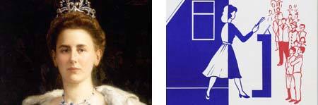 Links: koningin Wilhelmina Rechts:detail uit affiche met oproep tot deelname aan de verkiezingen en aan de politiek. 