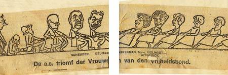 Spotprent over de strijd van vrouwen binnen De Vrijheidsbond in verband met de Tweede Kamerverkiezing van 1922. 